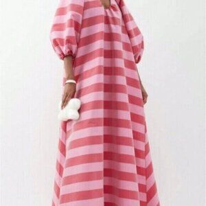 Pink Red Casual Women's V-Neck Striped Maxi Dress